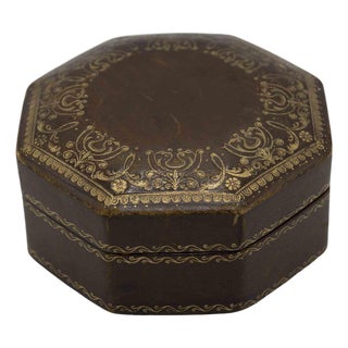 Italian Octagonal Leather Box with Florentine Art and Gold Fire Decor, 1950s For Sale