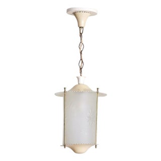 Italian Cylindrical Ivory Lacquer + Starburst Glass Lantern Pendant, 1950s For Sale