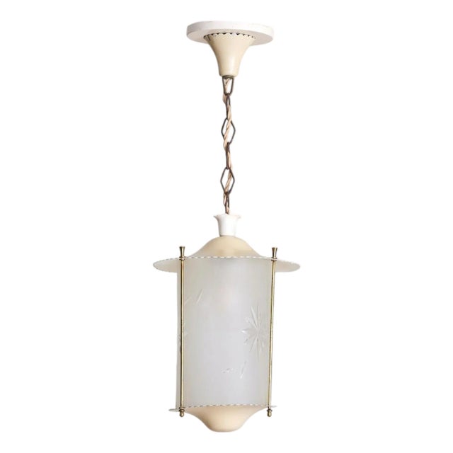 Italian Cylindrical Ivory Lacquer + Starburst Glass Lantern Pendant, 1950s For Sale