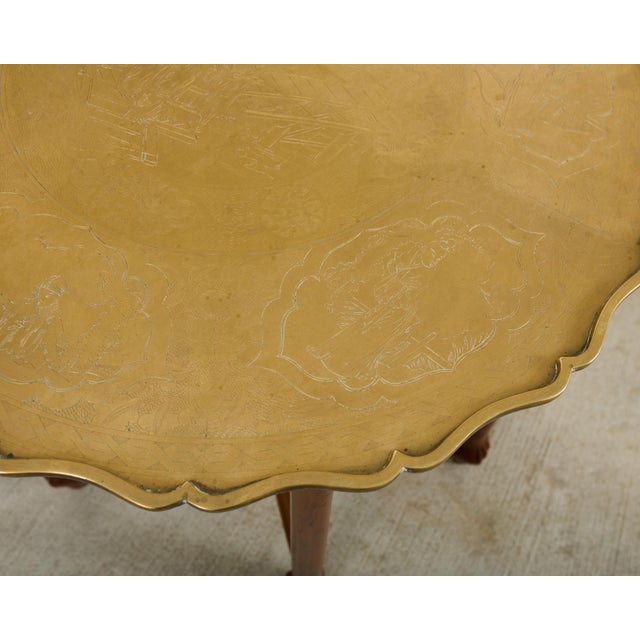 Wood Asian Etched Brass Tray Table on Six Leg Folding Stand For Sale - Image 7 of 12