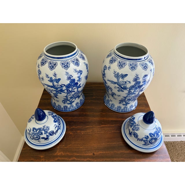 Blue Chinoiserie Large Blue and White Porcelain Ginger Jars, Pair For Sale - Image 8 of 10