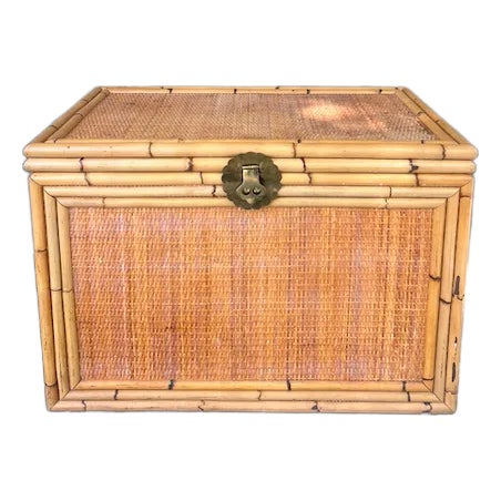 McGuire Style Woven Rattan Bamboo Wicker Storage Trunk For Sale