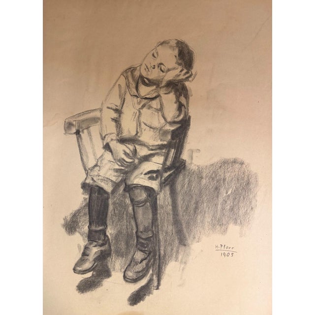 Heinrich Pforr, Midday Nap Sleeping Boy on Chair, 1905, Charcoal on Paper, in Very Good conditions. Designed 1890 to 1919...