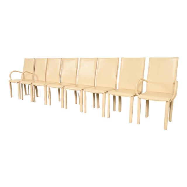 Mario Bellini Style Italian Modern Cream Leather Wrapped High Back Dining Chairs, Set of Eight For Sale