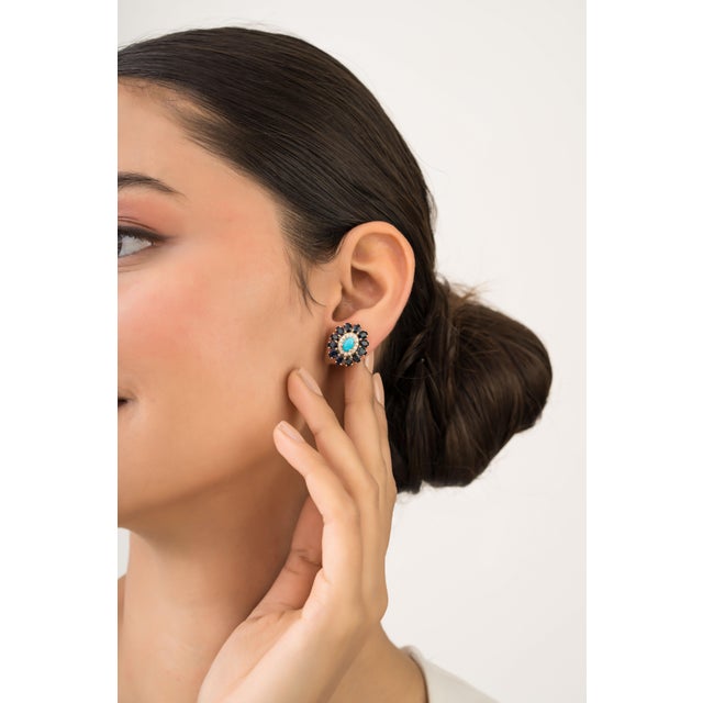 6.46ct Turquoise Sapphire Diamond Halo Floral Cluster Stud Earrings in 14k Gold-a Pair For Sale - Image 10 of 14