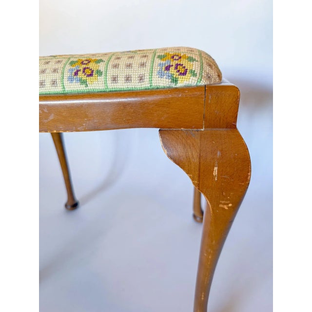 Vintage Queen Anne Style Embroidered Needlepoint Stool With Cabriole Legs For Sale - Image 9 of 14
