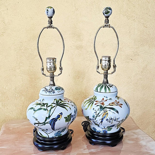 Ceramic Vintage Chinoiserie Porcelain Bird & Floral Table Lamps With Shades - a Pair For Sale - Image 7 of 18
