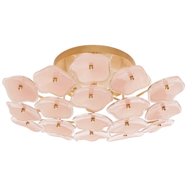 Kate Spade New York for Visual Comfort Signature Leighton Medium Flush Mount in Soft Brass with Blush Tinted Glass For Sale