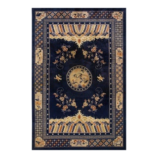 1920s Navy Blue Birds Medallion Antique Chinese Peking Carpet 6' 1'' X 9' Knotted Wool Rug For Sale