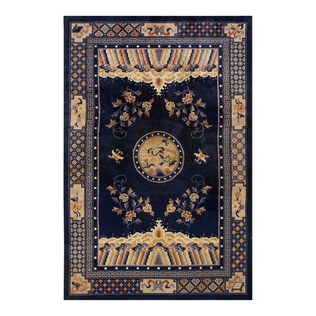1920s Navy Blue Birds Medallion Antique Chinese Peking Carpet 6' 1'' X 9' Knotted Wool Rug For Sale