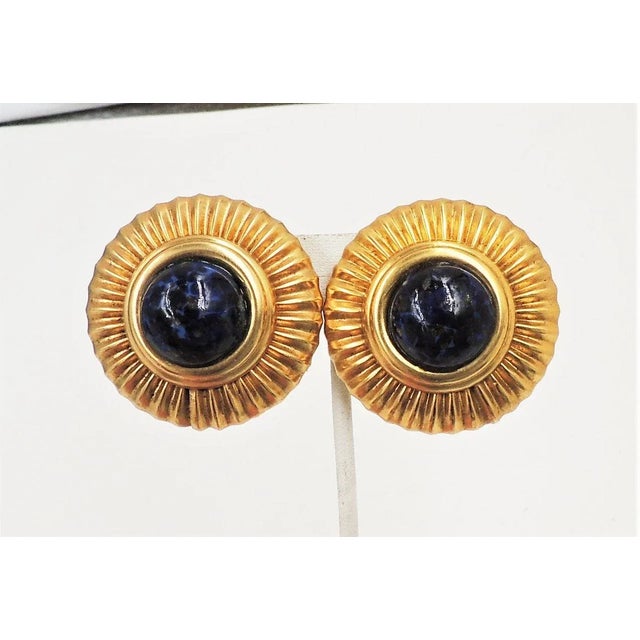 Vintage Pellini Italy Big Cabochon Faux-Lapis Clip Earrings - 2 Pieces For Sale - Image 9 of 11