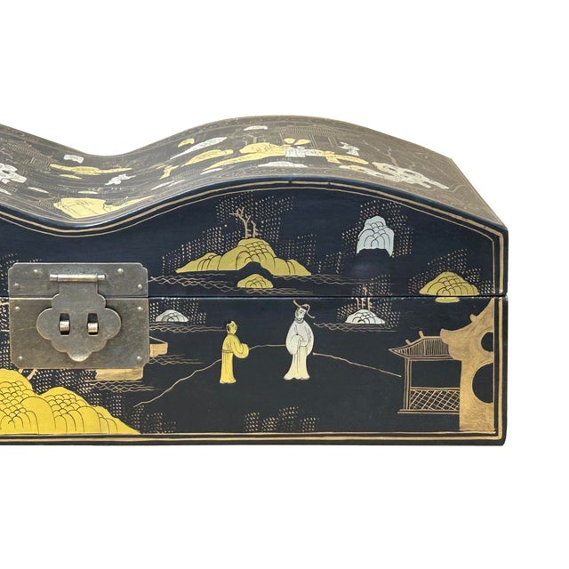 Black Lacquer Chinoiserie-Style Gold Silver Scenery Graphic Rectangular Box For Sale - Image 9 of 15