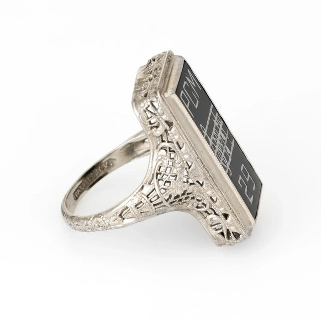 Art Deco Antique Deco Music Sheet Ring Vintage 14 Karat White Gold Onyx size 4.5 For Sale - Image 3 of 8