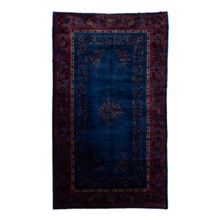 Early 20th Century Antique Chinese Art Deco Wool Rug in Cobalt Blue & Plum For Sale