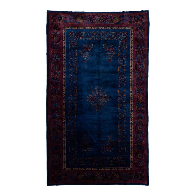 Early 20th Century Antique Chinese Art Deco Wool Rug in Cobalt Blue & Plum For Sale