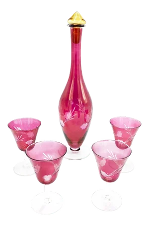 Mid-Century Floral Etched Cranberry Glass Decanter Set - 5 Pieces
