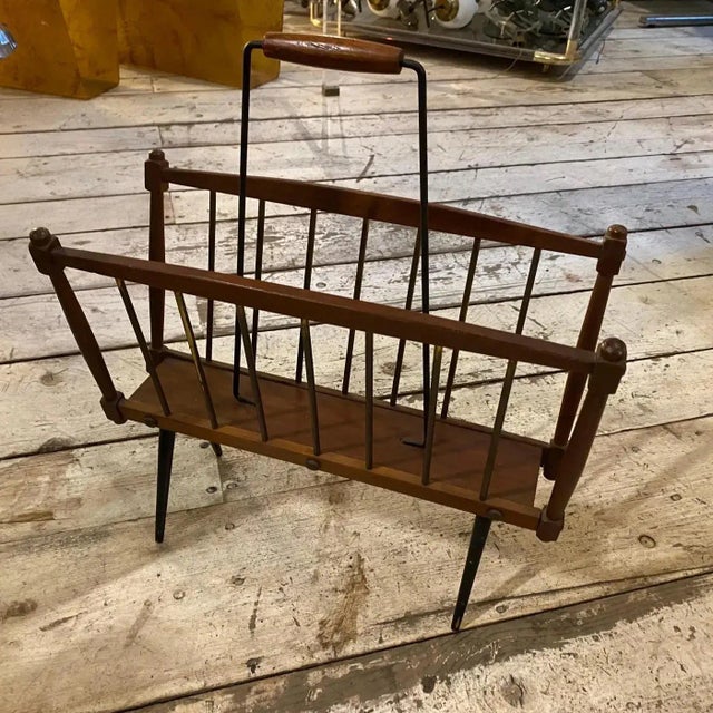 1960s Mid-Century Modern Teak and Black Painted Iron Italian Magazine Stand For Sale - Image 4 of 10