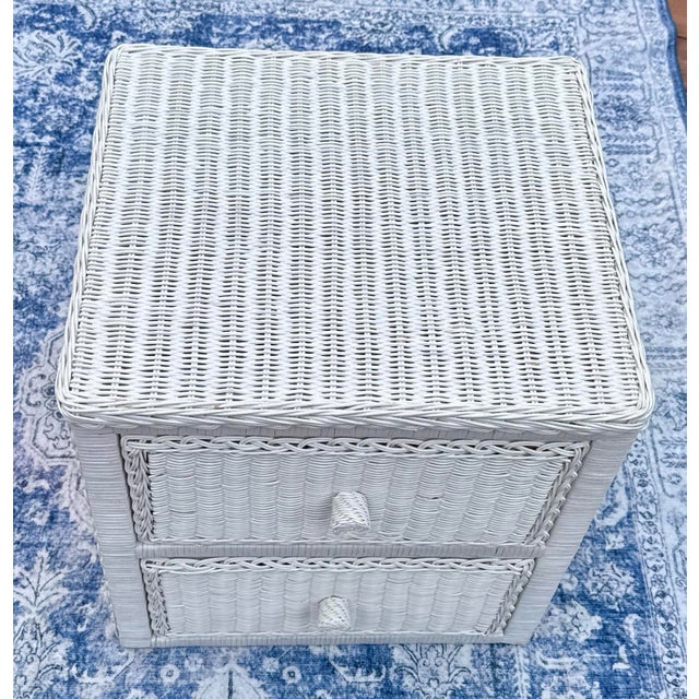 White Vintage White Wicker 2-Drawer Nightstand With Glass Top For Sale - Image 8 of 10