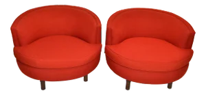 Milo Baughman Style Swivel Chair Walnut Base & Red Italian Bouclé Fabric - Pair