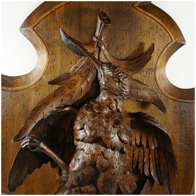 Antique Swiss Black Forest Hand Carved Wood Wall Plaque, Signed Ruef, Game Bird Trophy For Sale - Image 4 of 9