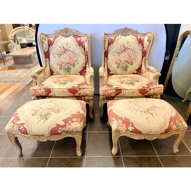 French Pair of French Louis XV Style Floral Bergeres Chairs With Matching Ottomans For Sale - Image 3 of 9