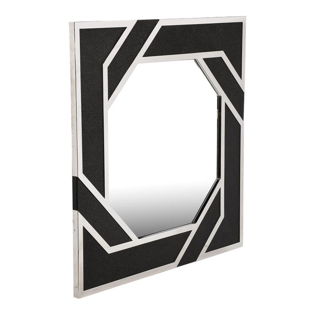 Modernist Embossed Leather & Chrome Spiral Form Geometric Mirror by Lorin Marsh For Sale