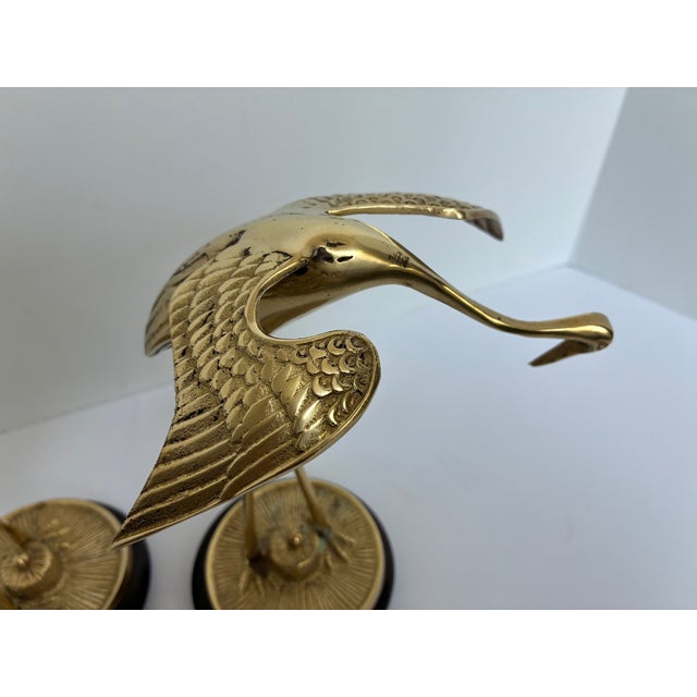 1960s Mid Century Modern Large Brass Crane Figures on Wood Base - A Pair For Sale - Image 5 of 12