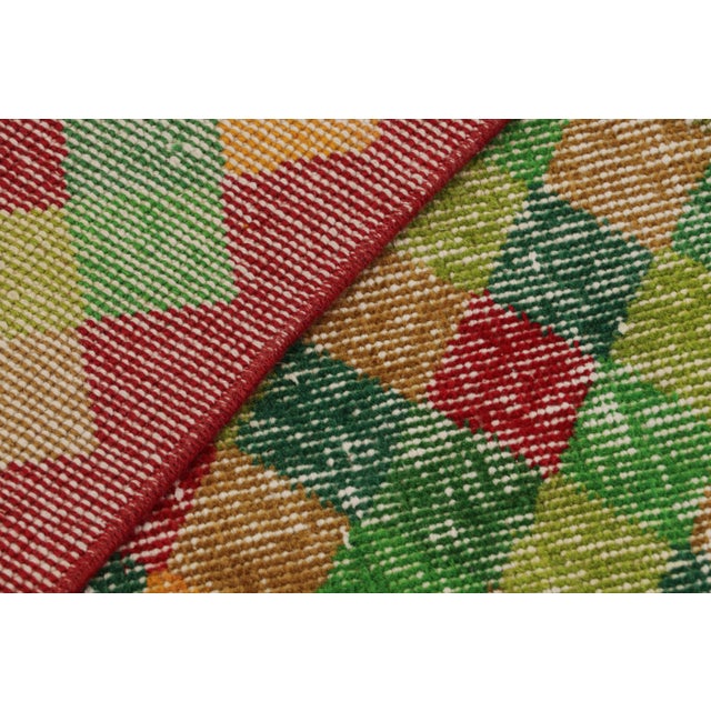Textile 1960s Vintage Art Deco Rug in Green, Yellow, Red Distressed Geometric Pattern For Sale - Image 7 of 7