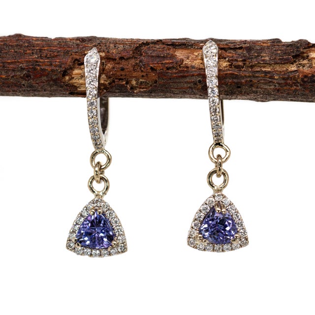 Fine Trillion Tanzanite Earrings With Natural Diamonds in 14k White Gold- Set of 2 For Sale - Image 4 of 5