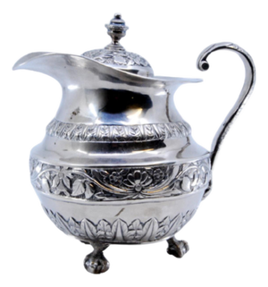 Silver Milk Jug with Chiseled Floral Motifs, Knob Lid and Claw-Shaped Feet