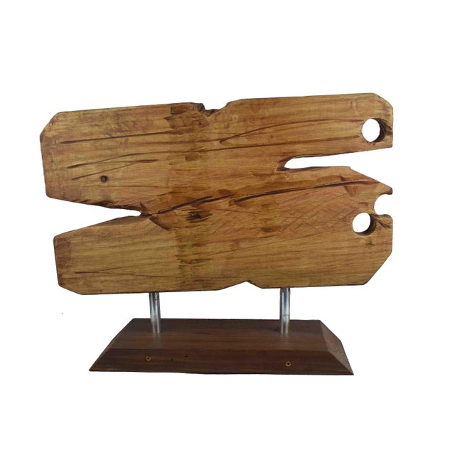 Contemporary Hand-Carved Abstract Wood Sculpture on Metal & Wood Pedestal Base For Sale - Image 10 of 12