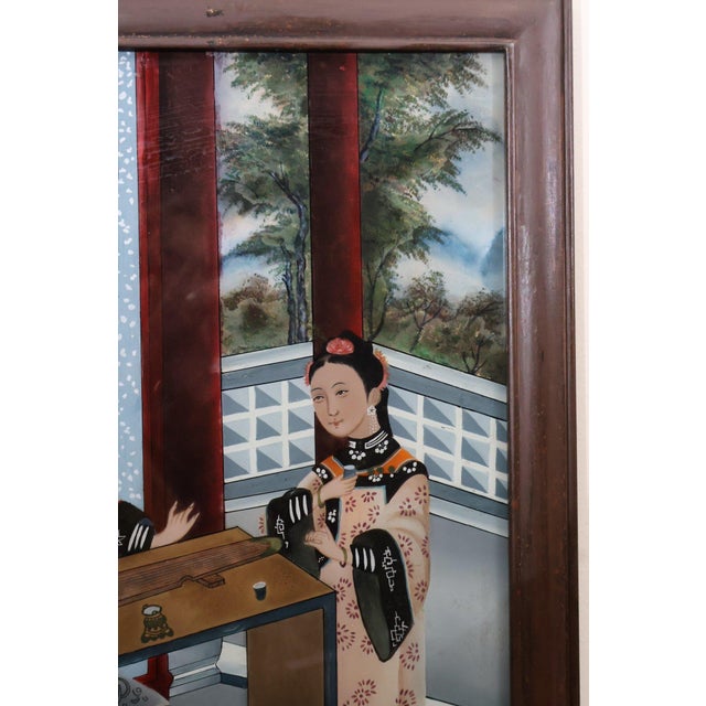 Antique Chinese Qing Dynasty Reverse Glass Painting Scholars Garden Scene For Sale - Image 10 of 12