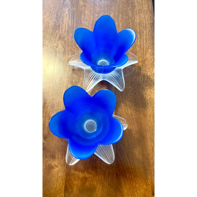 Glass 1970s Pair of Blue Tulip Glow Candle Holders Made in Italy For Sale - Image 7 of 12