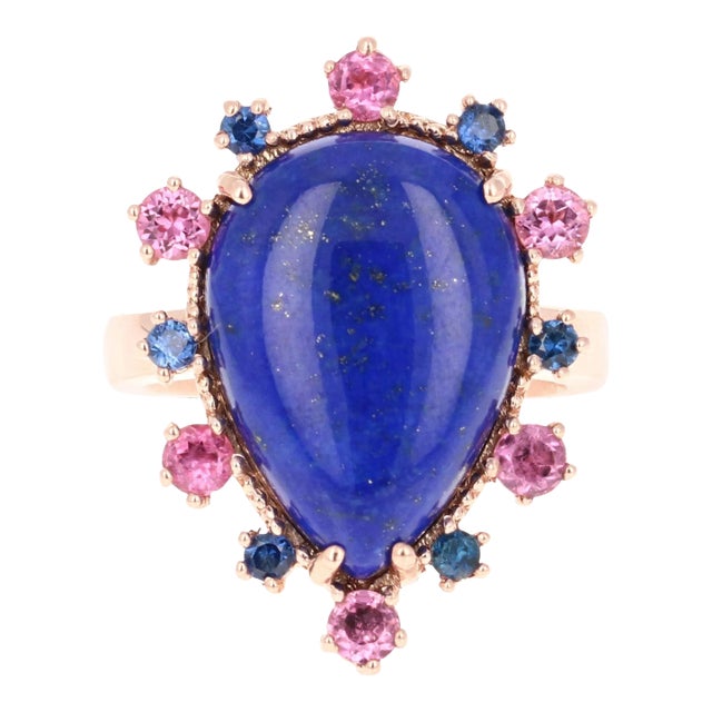 9.04 Carat Lapis Lazuli Tourmaline and Sapphire Cocktail Rose Gold Ring Size 7 For Sale