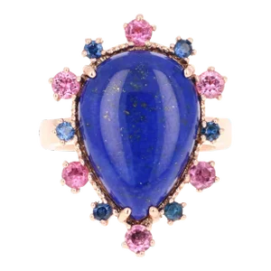 9.04 Carat Lapis Lazuli Tourmaline and Sapphire Cocktail Rose Gold Ring Size 7