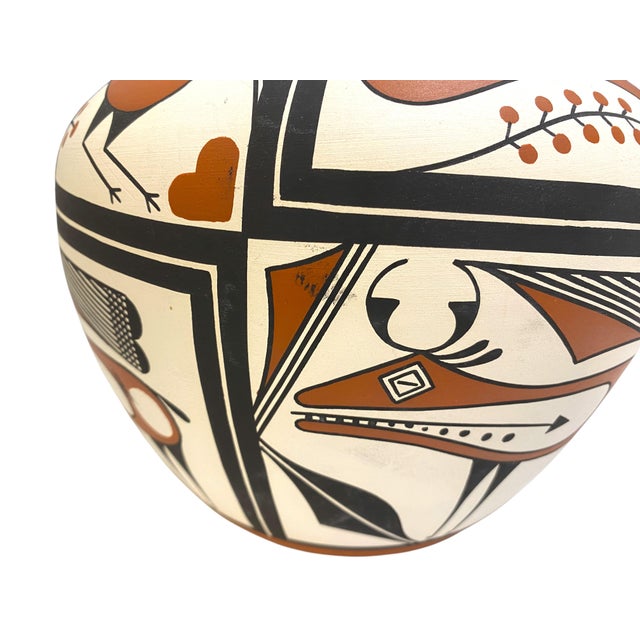 Large Adrian Vallo (Acoma Pueblo) New Mexico Native American Olla Jar/Vase With Heartline Deer and Bird Motif For Sale - Image 10 of 13