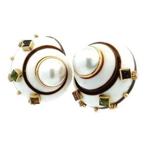 Maz 14k Gold Conch Shell, Mabe Pearl and Gemstone Modernist Clip Earrings, c.1970s, A Pair