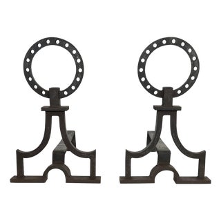 Pair of modernist wrought iron andirons in the style of Gilbert Poillerat For Sale