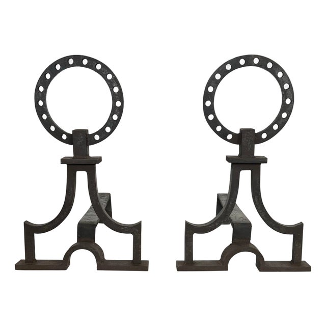 Pair of modernist wrought iron andirons in the style of Gilbert Poillerat For Sale