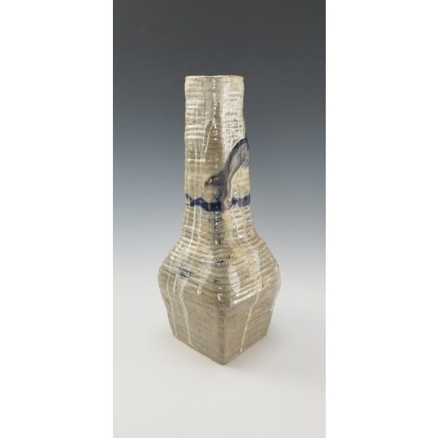 Rustic Studio Art Pottery Vase Drip Glaze Stoneware Handmade Ceramic Beige Cobalt Blue For Sale - Image 3 of 8