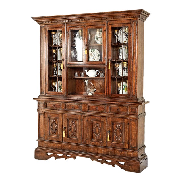 Italian Antique Walnut China Cabinet & Buffet For Sale