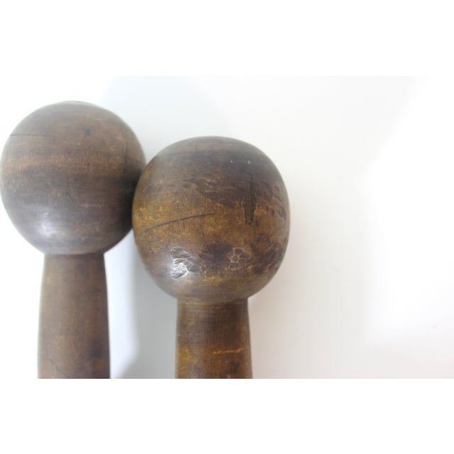 Wood Vintage Wood Hand Weights or Dumbbells Set of Two Sports Equipment Memorabilia Dumb Bells For Sale - Image 7 of 12