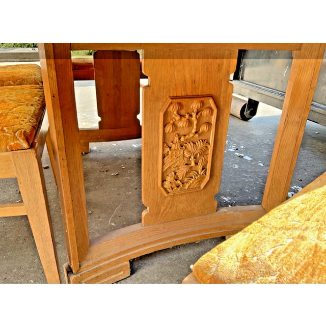 Mid-Century Modern VTG Solid Wood Asian Motif Table and 6 Chairs With Orig Upholstery For Sale - Image 3 of 6
