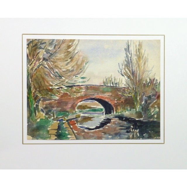 Mid-Century Modern Tae, Vintage Watercolor Landscape - Stone Bridge For Sale - Image 3 of 4