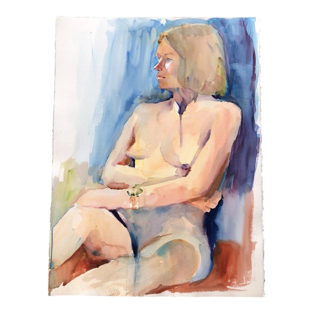 Large Vintage Original Female Nude Watercolor Painting Study For Sale