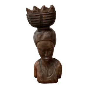 Vintage Hand Carved Wood Bust Sculptures African Women With Fruit Basket on Her Head Artist Signed