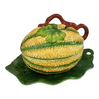 Large Vintage Italian Mottahedeh Covered Squash Form Tureen With Leaf Platter/Stand- Free Shipping! For Sale