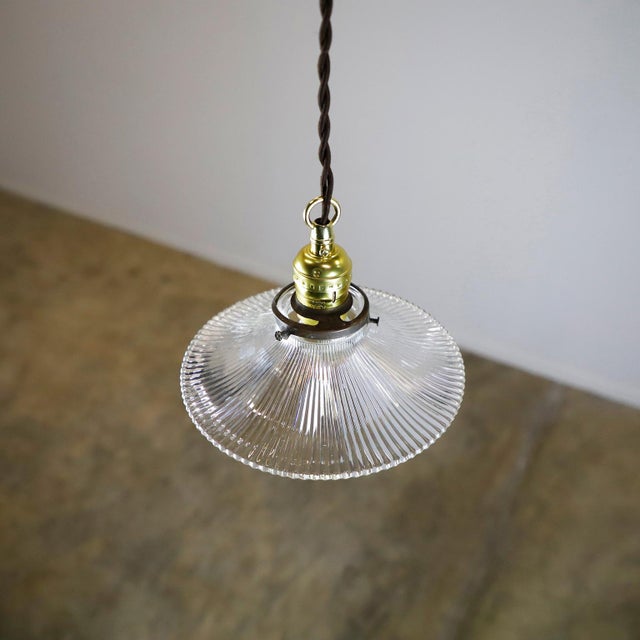 Industrial 1940s Holophane Clear Glass Vintage Industrial Pendant Light 7 For Sale - Image 3 of 4