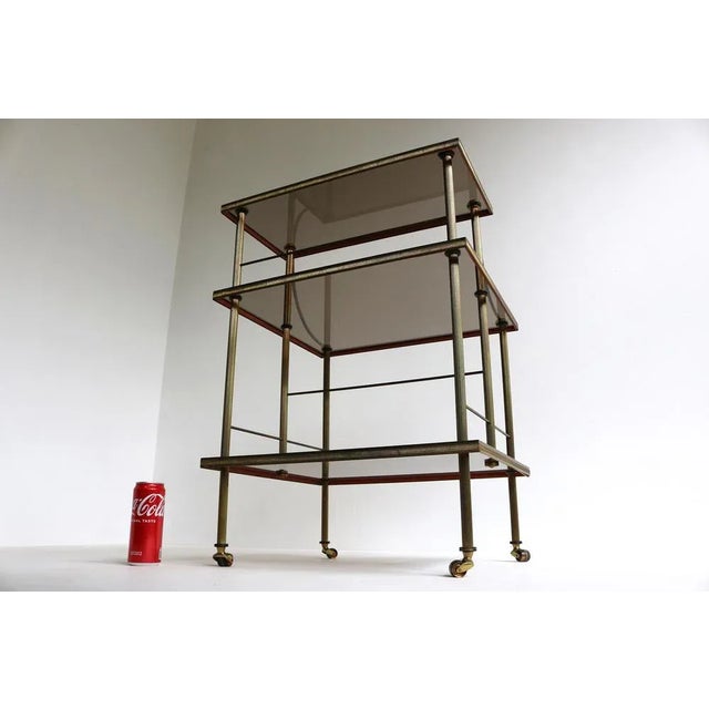 Mid-Century French Brass & Smoked Glass Three Tiered Drinks Trolley, 1970s For Sale - Image 10 of 11