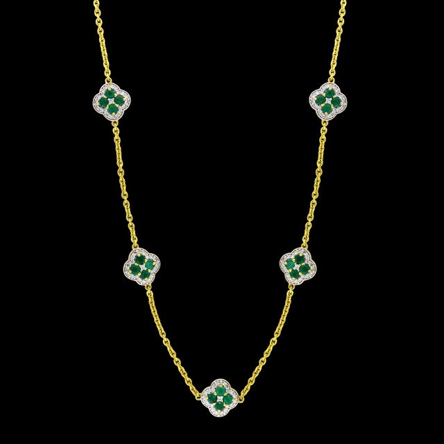5 Clover Natural Emerald Cluster & Diamond Station Chain Necklace, 14 KYG, 17 Gm For Sale - Image 13 of 18